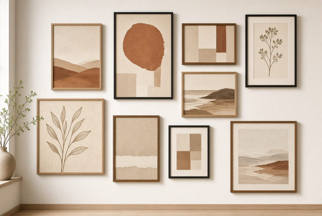 gallery wall in beige