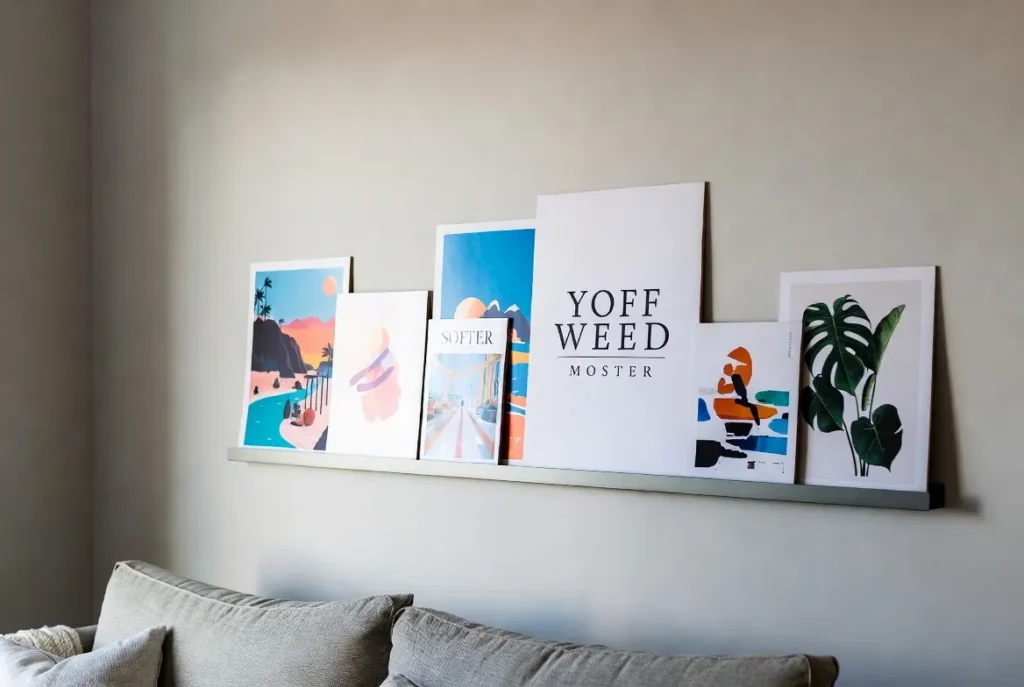 Posters leaning on a picture ledge